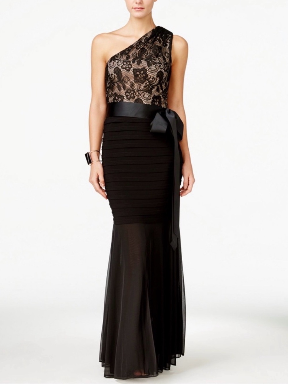 Betsy & Adam Black One-Shoulder Lace Bodice Mermaid Whimsigoth Maxi SZ 8 B14